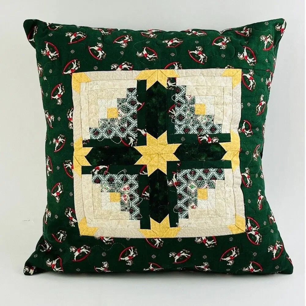 Vintge Christmas Quilted Decor Pillow Red Green Yellow 14x14 Rocking Horse Star